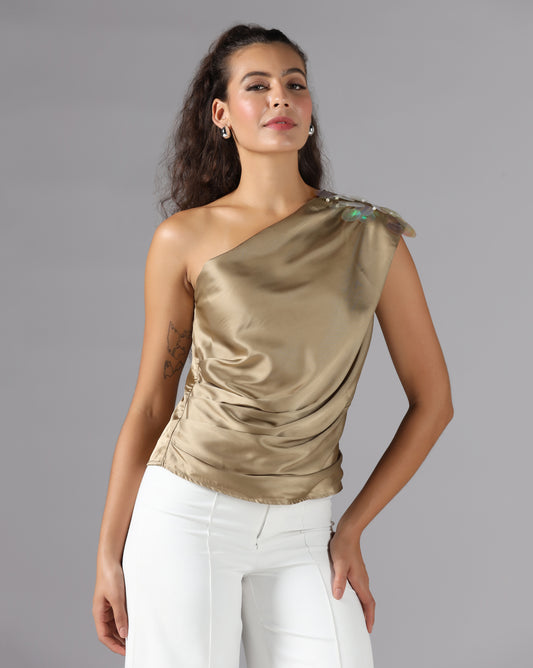 Champagne gold drape one-shoulder top