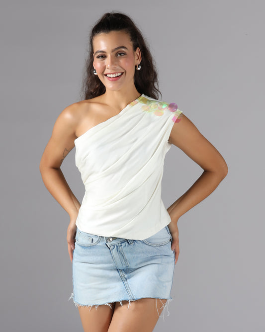 Ivory white drape one-shoulder top