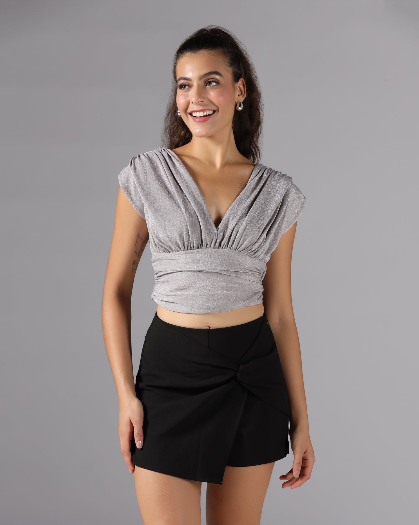 Shimmer cowl back top