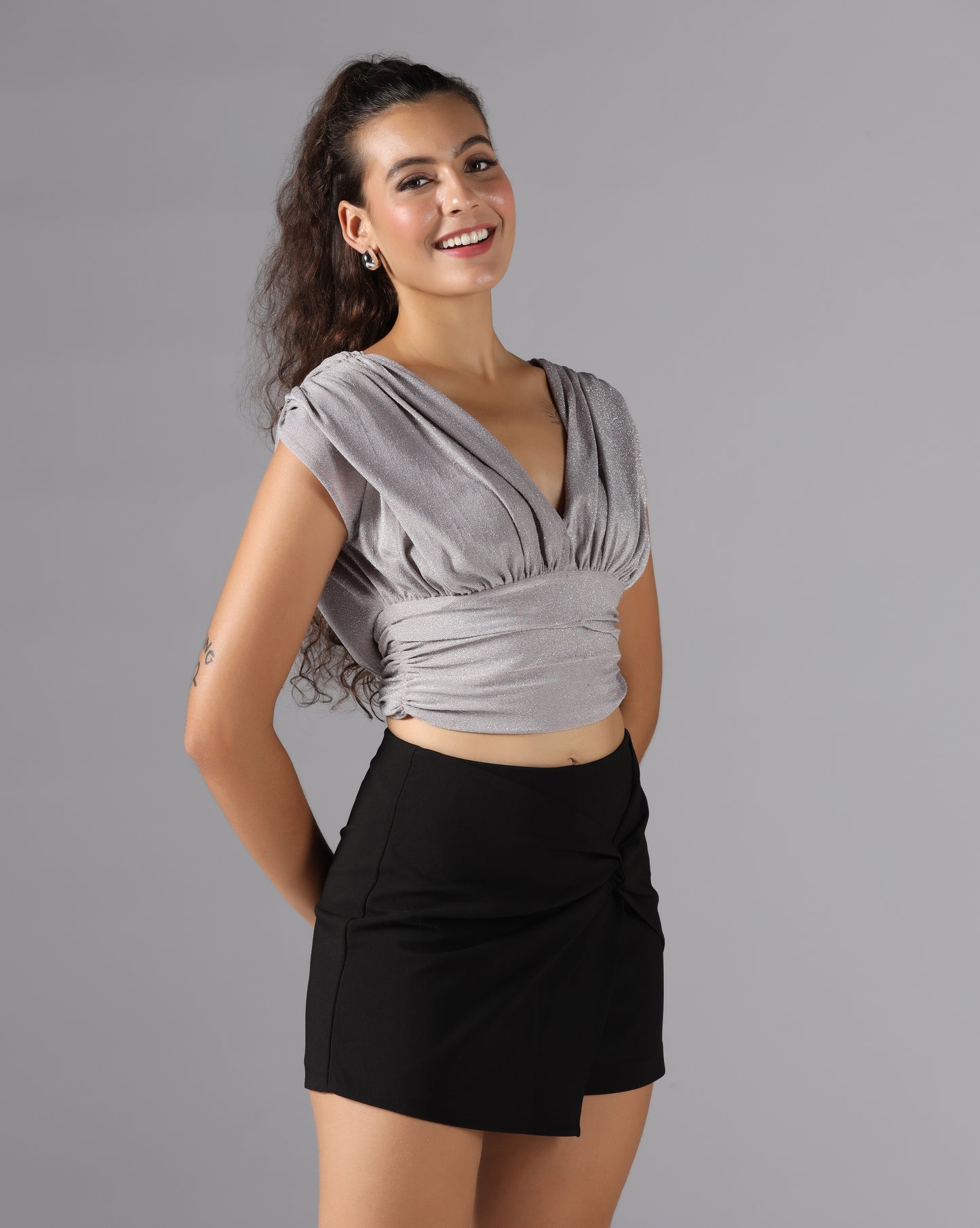 Shimmer cowl back top