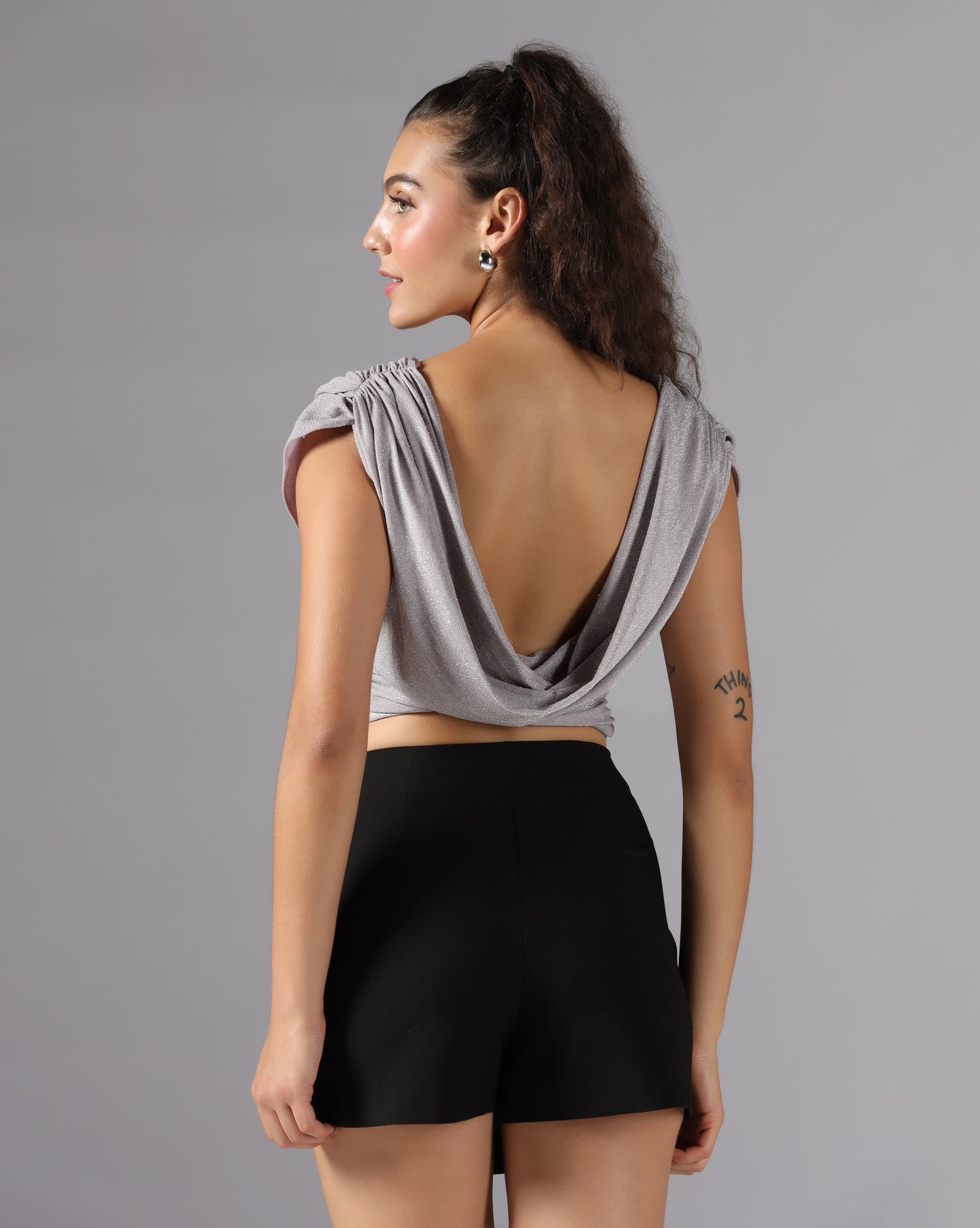 Shimmer cowl back top