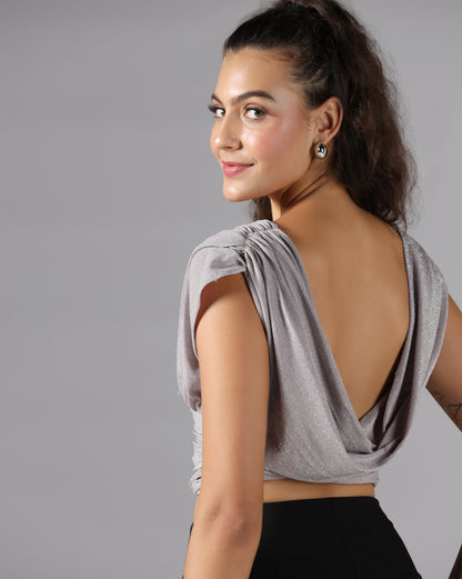 Shimmer cowl back top