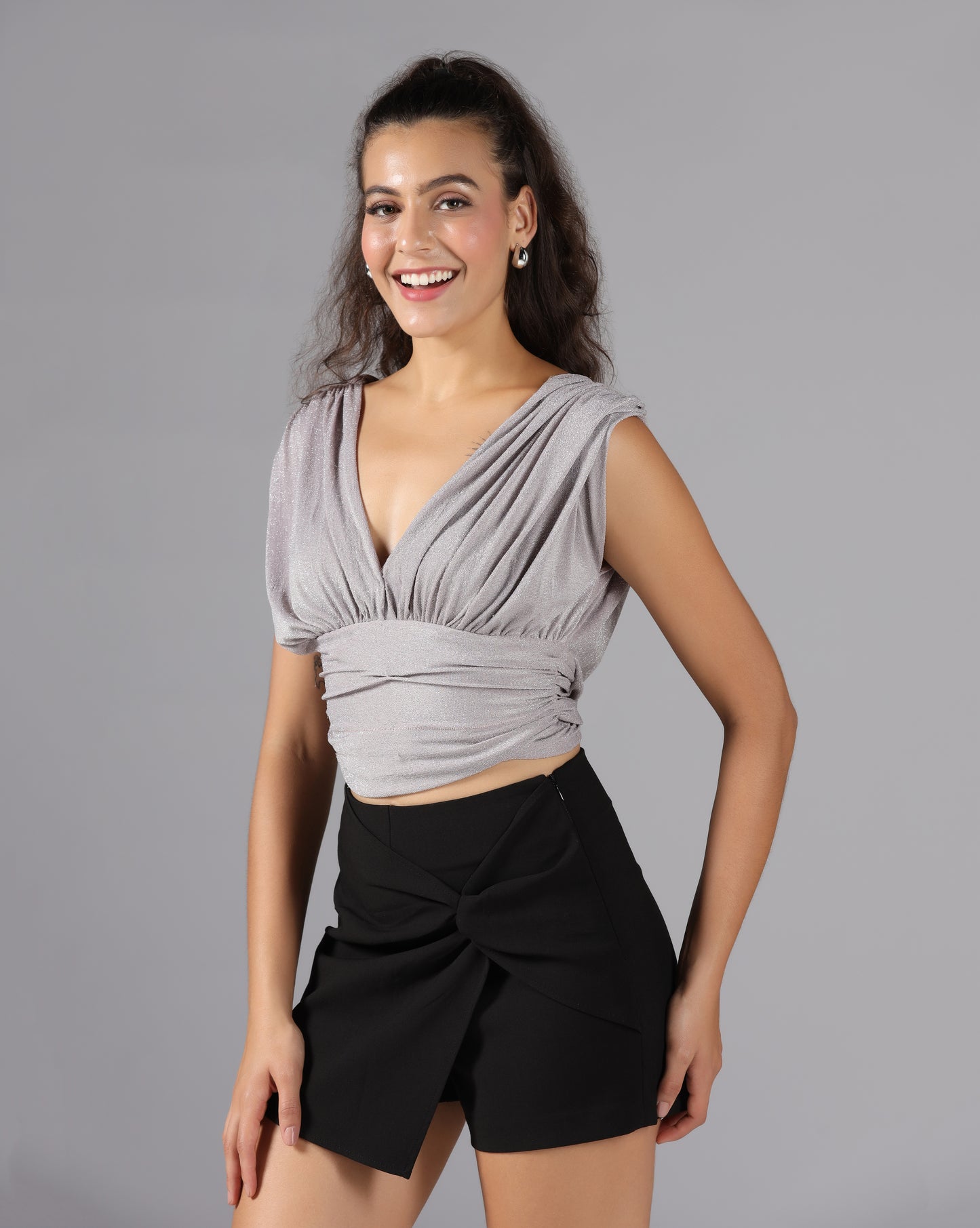 Shimmer cowl back top