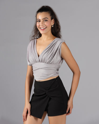 Shimmer cowl back top