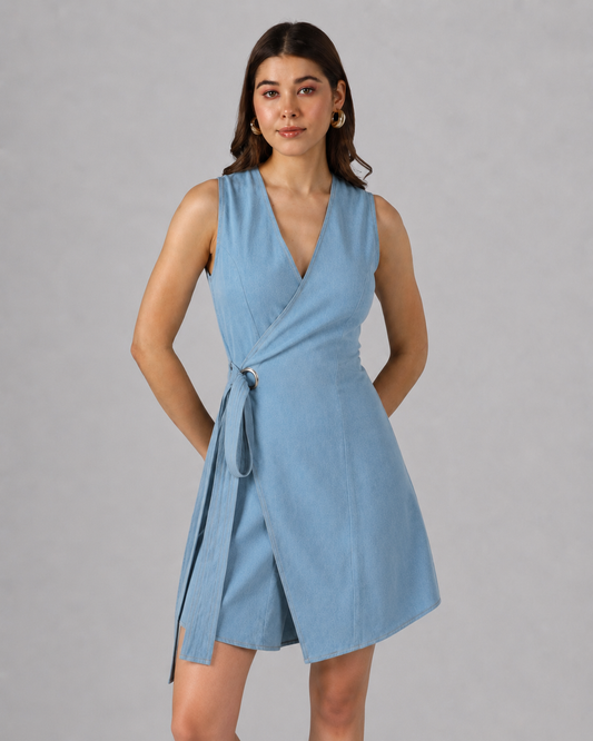 Denim Eyelet Wrap Dress