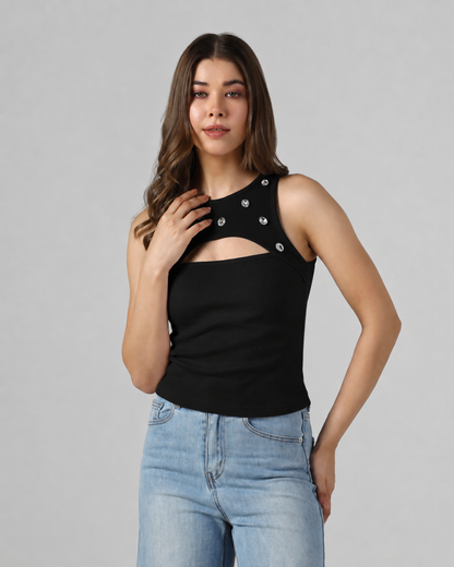 Stone Cutout Ribbed Tank