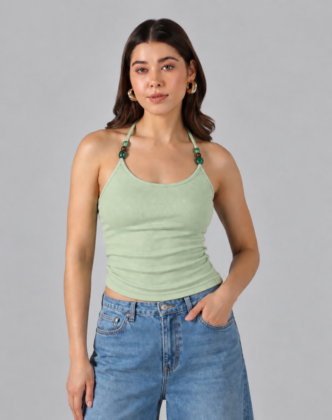 Sage Beaded Halter Tank