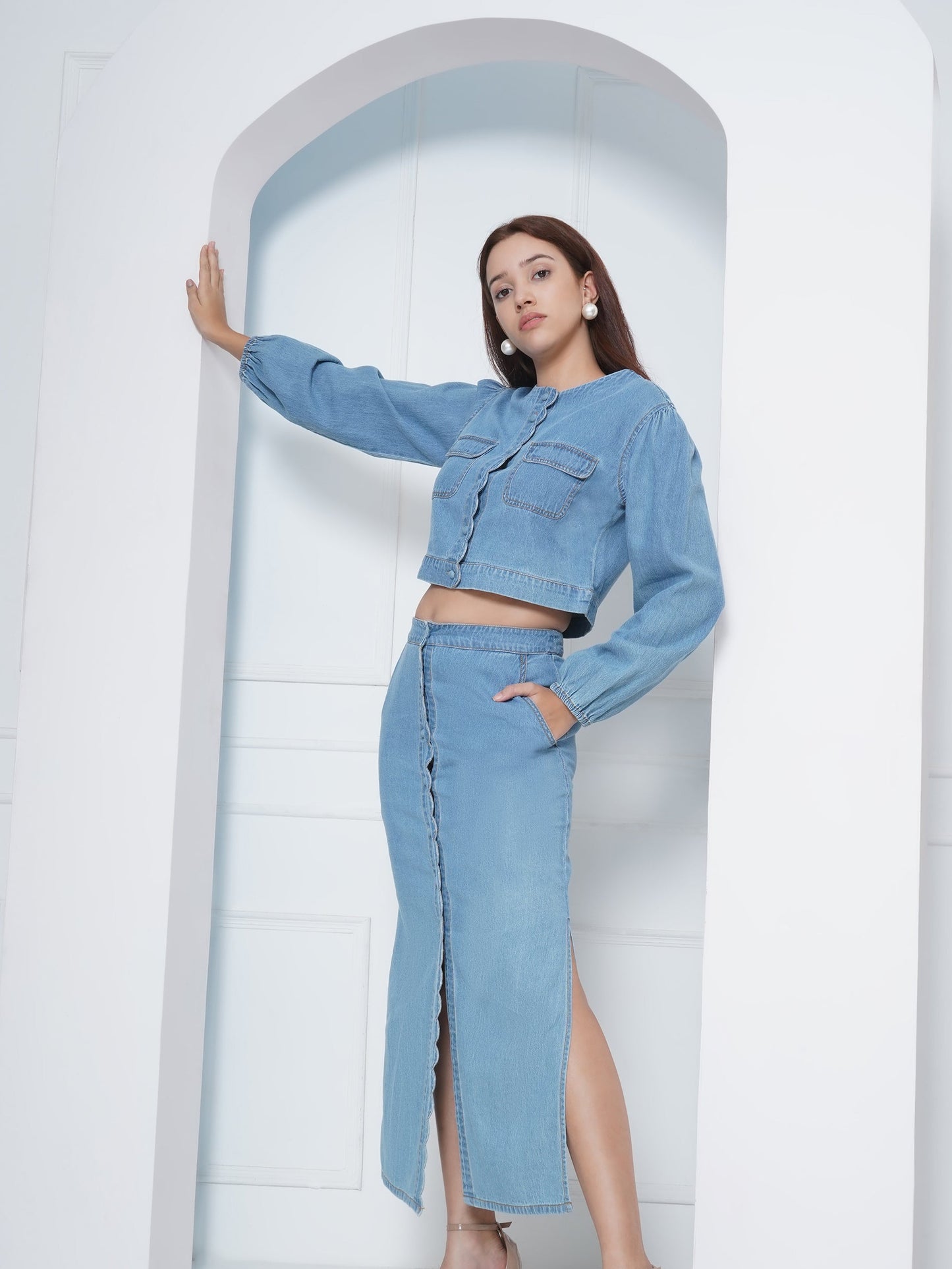 Denim Buttoned Maxi Skirt with Scallop Detail