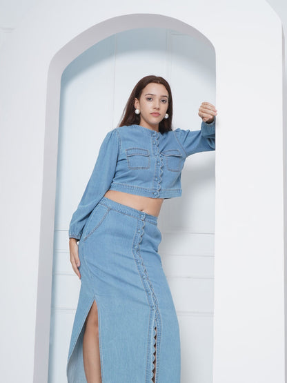 Denim Buttoned Blouse with Scallop Detail