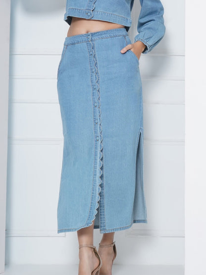 Denim Buttoned Maxi Skirt with Scallop Detail