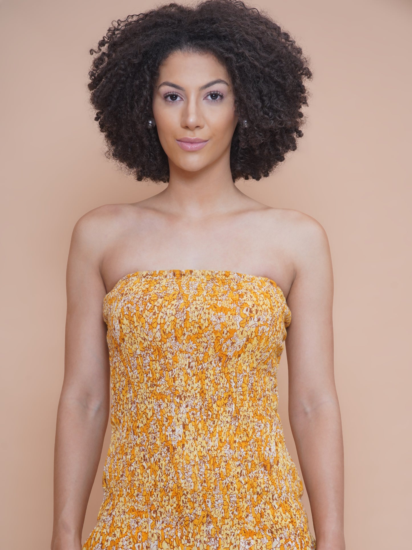 Marigold Smocked Off Shoulder Drop Waist dress