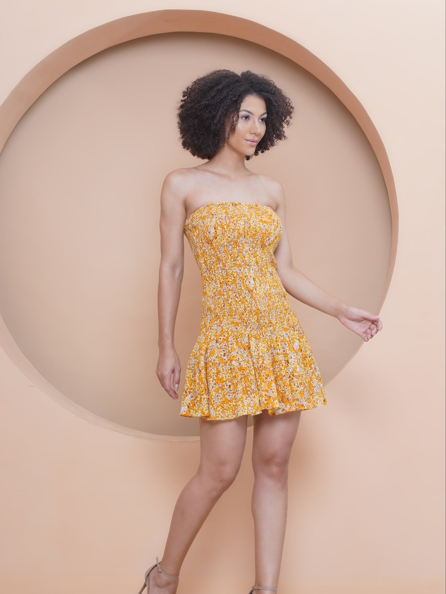 Marigold Smocked Off Shoulder Drop Waist dress