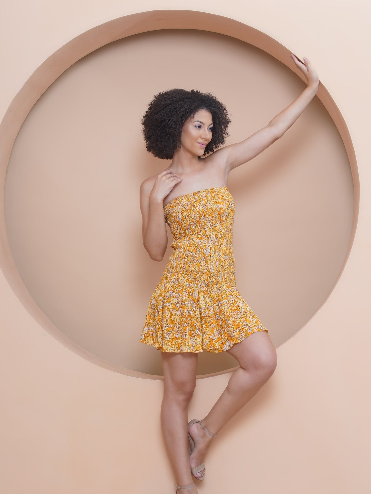 Marigold Smocked Off Shoulder Drop Waist dress