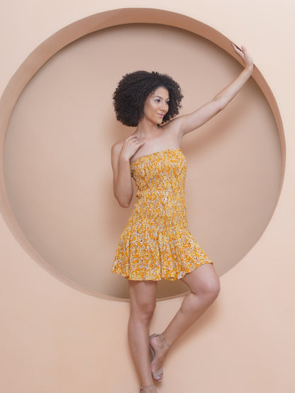 Marigold Smocked Off Shoulder Drop Waist dress