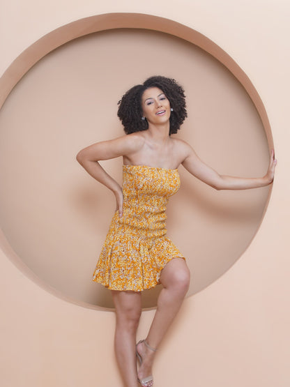 Marigold Smocked Off Shoulder Drop Waist dress