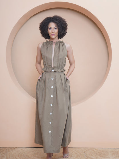 Khaki Buttoned Maxi Skirt