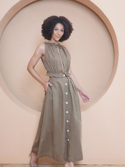 Khaki Keyhole Neck Tie Top