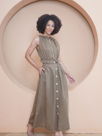 Khaki Buttoned Maxi Skirt