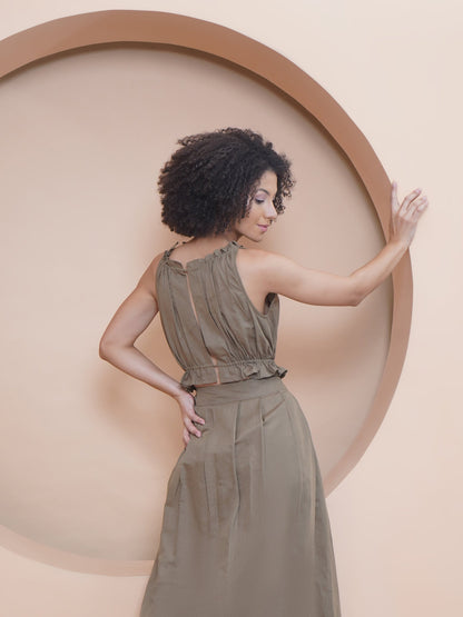 Khaki Keyhole Neck Tie Top