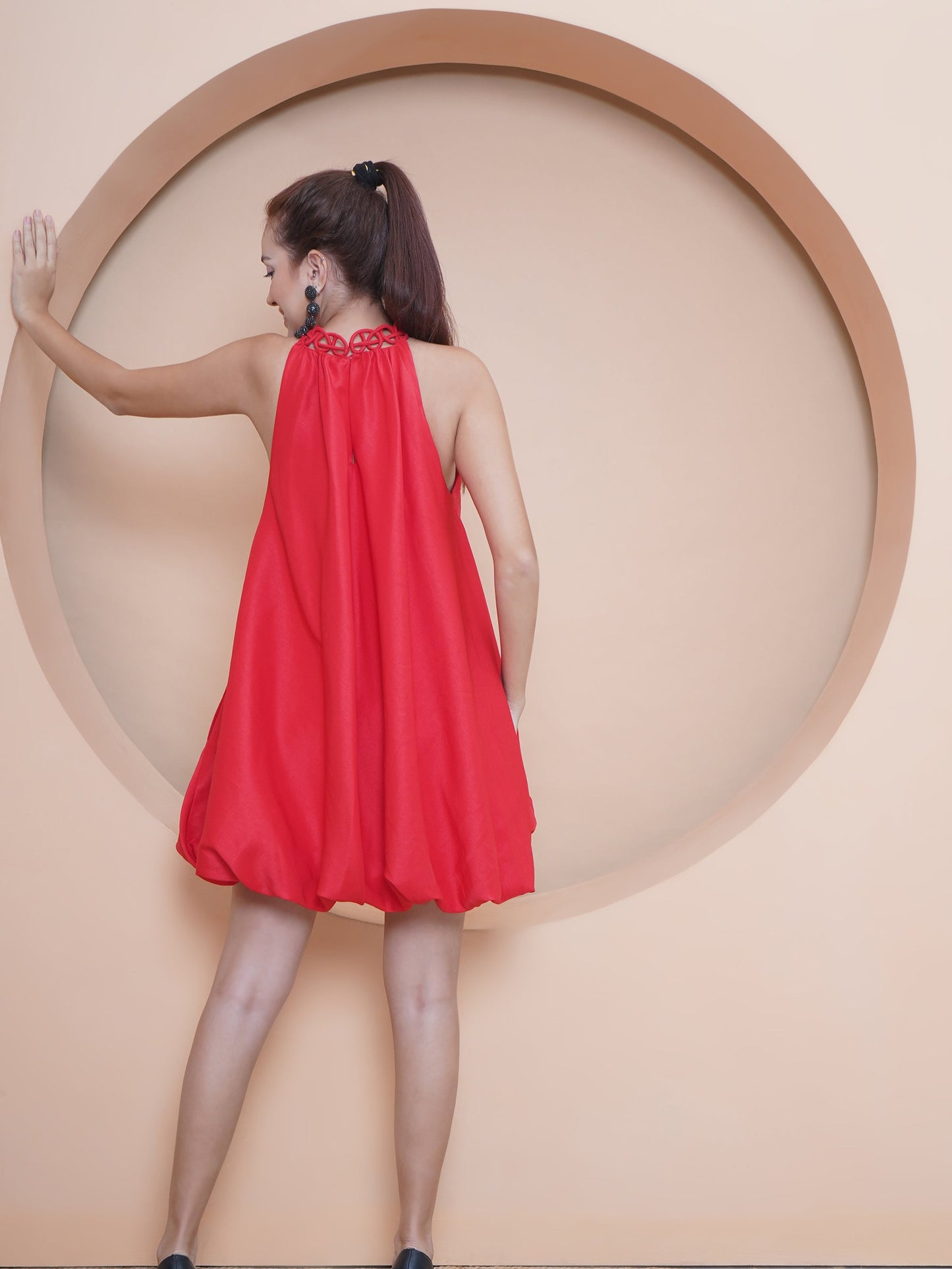 Crimson Balloon Dress with neck detailing