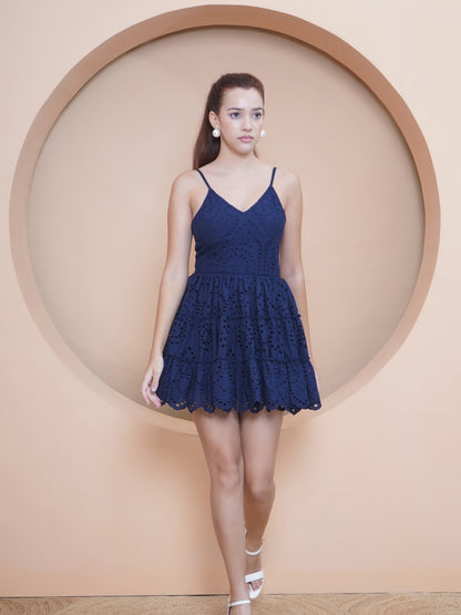 Indigo Schiffli Babydoll Dress