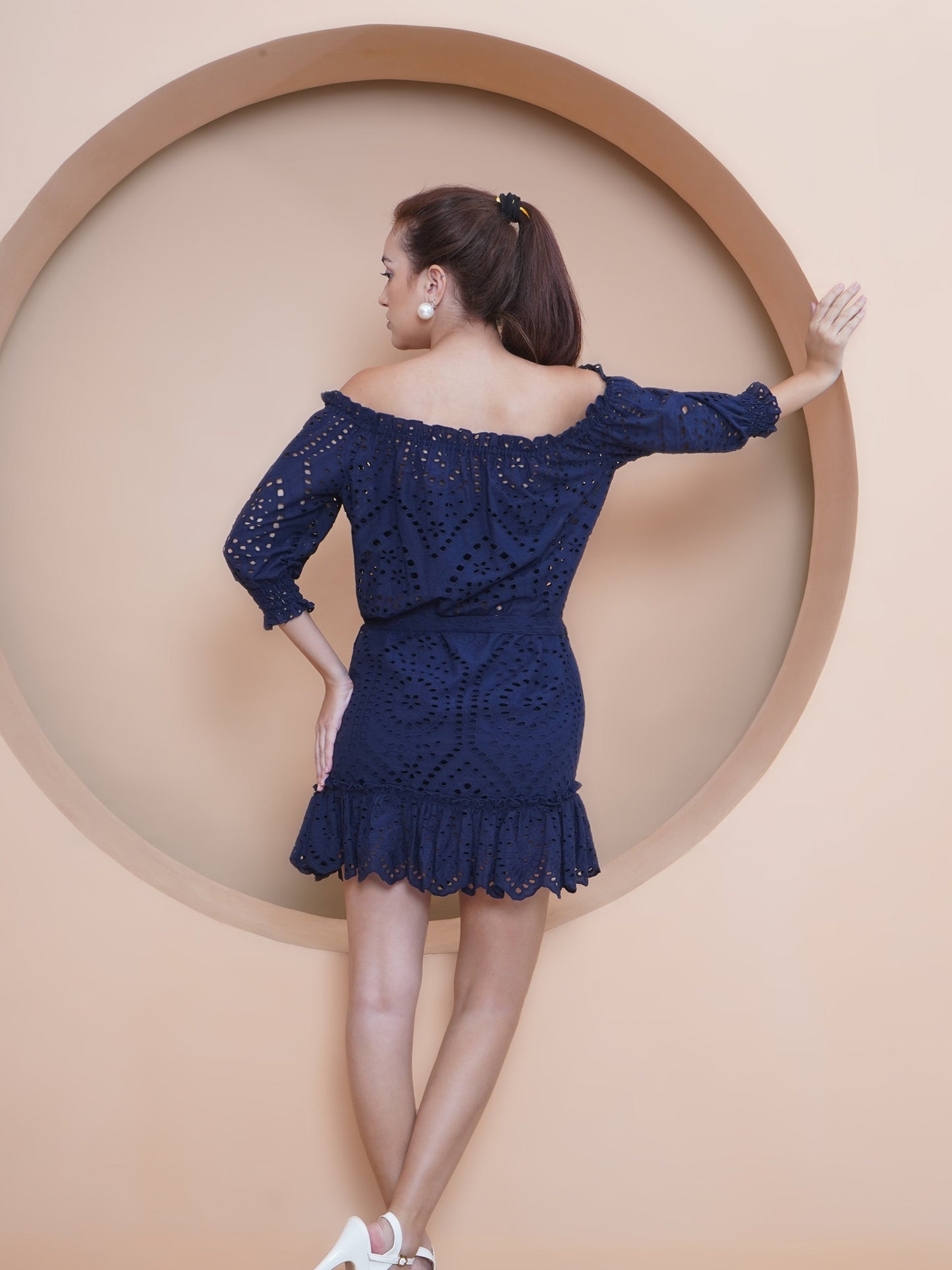 Indigo Schiffli Off Shoulder Dress