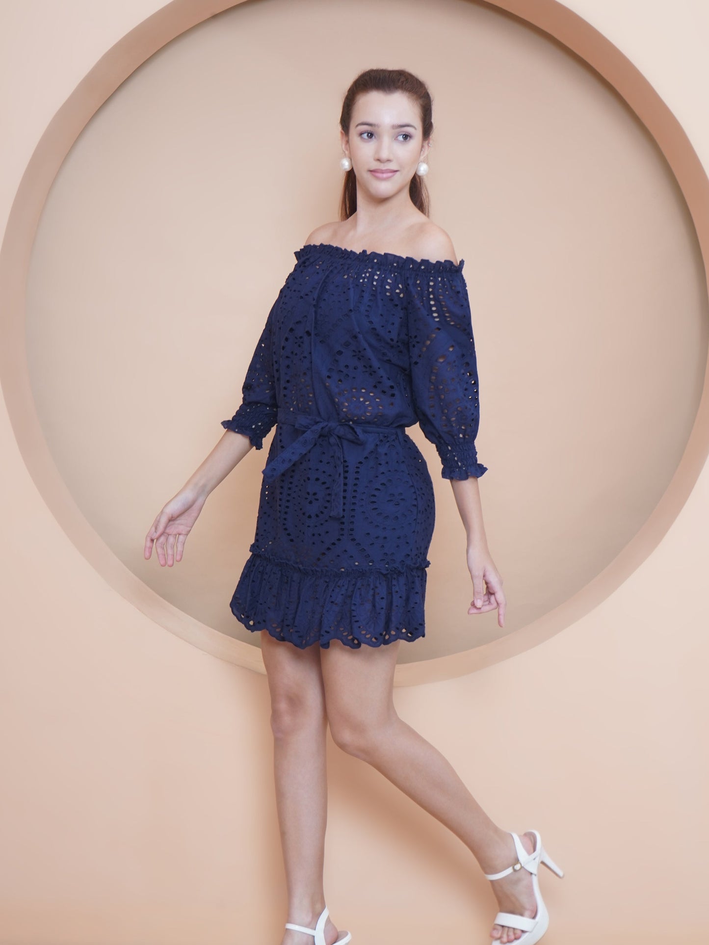 Indigo Schiffli Off Shoulder Dress