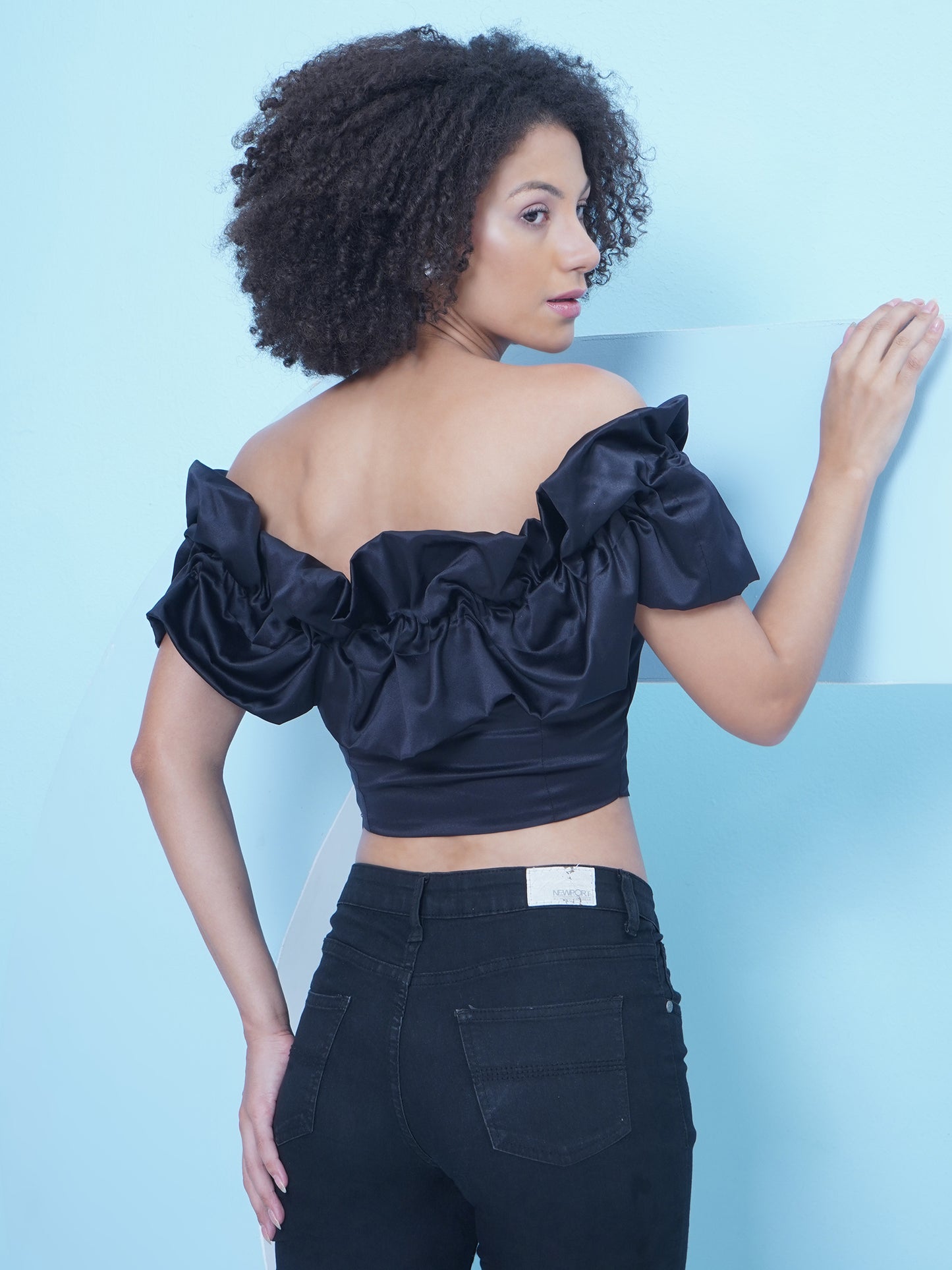 Black Ruffle Off Shoulder Crop Top