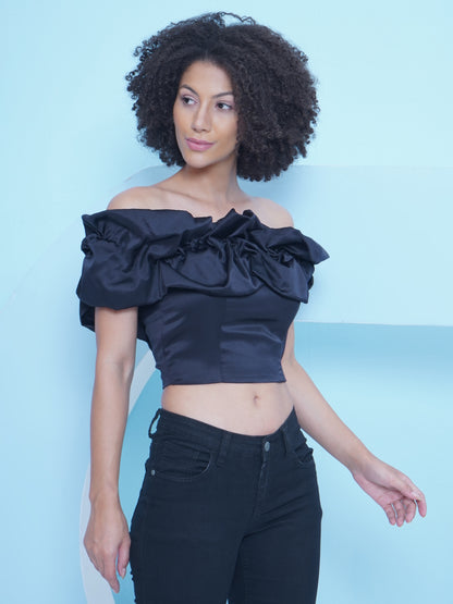 Black Ruffle Off Shoulder Crop Top