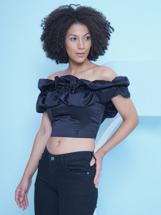 Black Ruffle Off Shoulder Crop Top