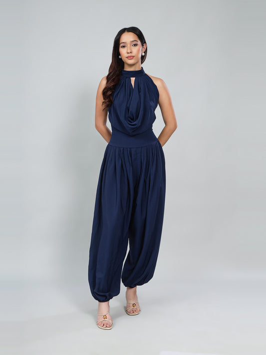 Indigo drape jumpsuit